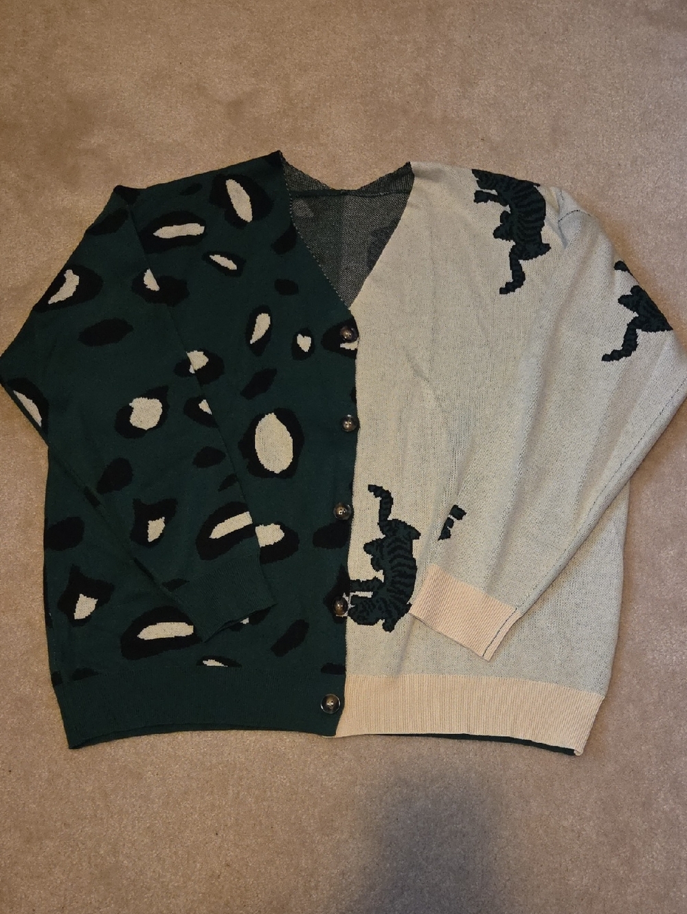 Amazon Two-Tone Leopard & Cat Crewneck Cardigan - Green, Cream, Black